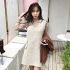 Set: Turtle-neck Top + Sleeveless Tweed Dress Beige - One Size