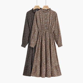 Long-sleeve Floral Print Mock-neck Midi A-line Dress