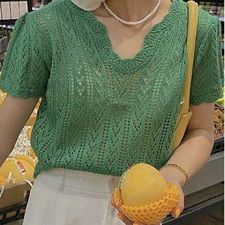 V-neck Short-sleeve Eyelet Knit Top