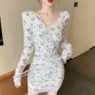 Long-sleeve Floral Print Mini Sheath Dress Floral - One Size