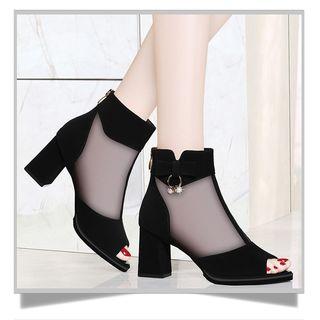 Mesh Panel Peep-toe Block Heel Ankle Boots