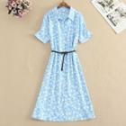 Set: Short-sleeve Floral Print Midi Shirtdress + Belt