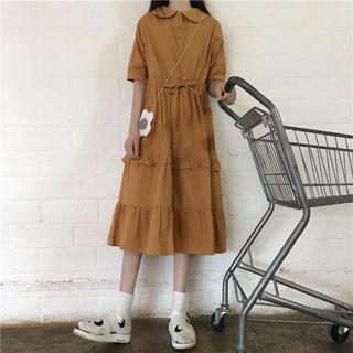 Elbow-sleeve Collar Tiered Midi A-line Dress