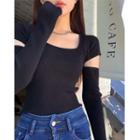 Cutout Long-sleeve Plain Slim-fit Knit Top