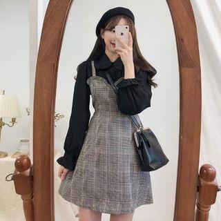 Peter-pan-collar Blouse / Plaid Pinafore Dress