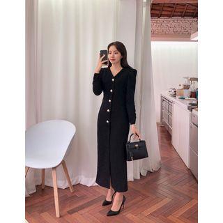 Shirred-sleeve Faux-pearl Shirtdress