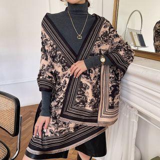 Print Knit Shawl Black & Khaki - One Size