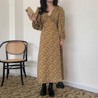Long-sleeve V-neck Floral Print Midi Sheath Dress