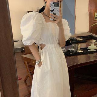 Puff-sleeve Drawstring Cutout Midi A-line Dress