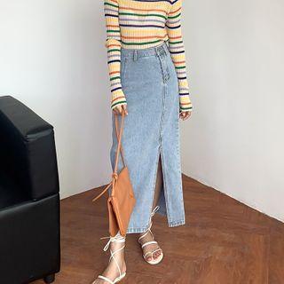 Slit-hem Denim A-line Midi Skirt