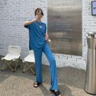 Short-sleeve Applique Split T-shirt / High-waist Split Wide-leg Pants