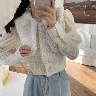 Mock Two-piece Lace Panel Fleece Long-sleeve Top White - One Size