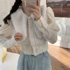 Mock Two-piece Lace Panel Fleece Long-sleeve Top White - One Size