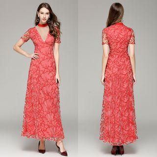 Mock Neck Mesh Panel Short Sleeve Lace Mermaid Evening Gown