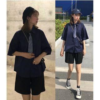 Short-sleeve Shirt With Striped Tie / High-waist Shorts