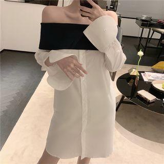 Patchwork Boatneck Shirtdress As Shown In Figure - One Size