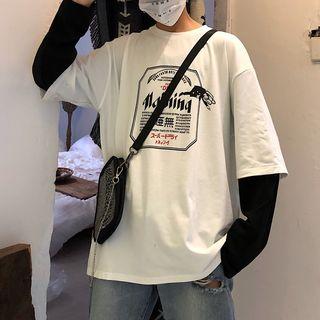 Mock Two-piece Long-sleeve Lettering T-shirt Black Sleeves - White - One Size