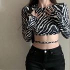 Long-sleeve Open-back Zebra Print Crop Top