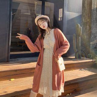 Open Front Long Cardigan / Printed Long-sleeve Midi A-line Dress