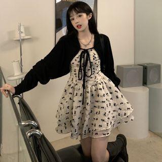 Spaghetti-strap Bow Print Mini A-line Dress / Cropped Cardigan