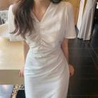 Short-sleeve Shirred V-neck Midi A-line Dress