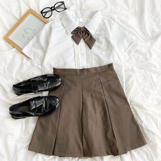 Short-sleeve Tie Neck Shirt / High-waist Pleated Mini Skirt