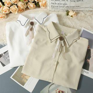Ribbon-neckline Loose-fit Long Shirt