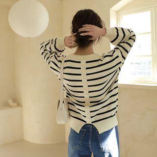 Balloon-sleeve Button-trim Stripe Knit Top