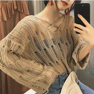 Wide-sleeve Distressed Knit Sweater