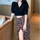 Short-sleeve Lace Trim Blouse / Leopard Print Midi Pencil Skirt