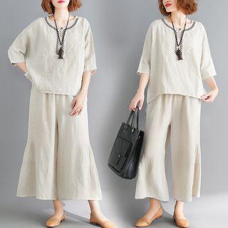 Set : Retro Plain Top + Wide-leg Pants