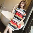 Striped Elbow Sleeve Knit T-shirt Dress