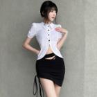 Short-sleeve Slit Blouse / Drawstring Mini Pencil Skirt