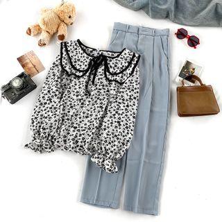 Puff-sleeve Floral Print Blouse / Straight Leg Pants