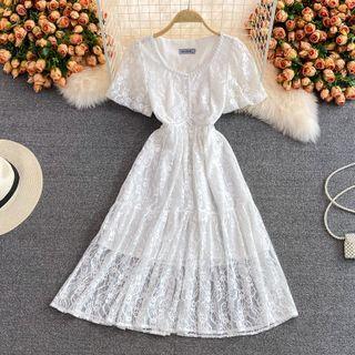 Short Sleeve V-neck Beaded Lace Dress