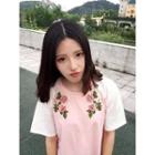 Rose Embroidered Short Sleeve Baseball T-shirt