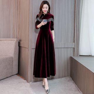 Fringed Long-sleeve A-line Maxi Velvet Dress