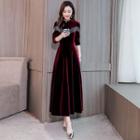 Fringed Long-sleeve A-line Maxi Velvet Dress