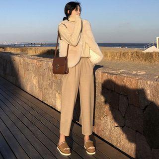 Faux Furry Vest / Woolen Wide-leg Pants / Long-sleeve Knit Top
