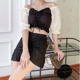 Set: Short-sleeve Two-tone Drawstring Tankini Top + Swim Skirt