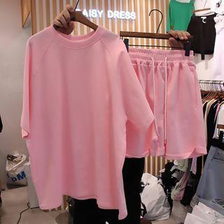 Set: Plain Short-sleeve T-shirt + Drawstring-waist Wide-leg Shorts