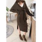 Self-tie Knit Long Wrap Dress Brown - One Size