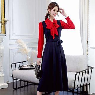 Two-tone Bow Accent Long-sleeve Midi A-line Dress