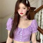 Gingham Puff-sleeve Cropped Blouse Rose Pink - One Size