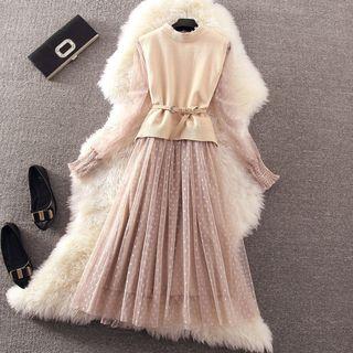 Set: Dotted Long Sleeve Mesh Dress + Knit Vest