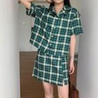 Plaid Short-sleeve Shirt / A-line Skirt / Set