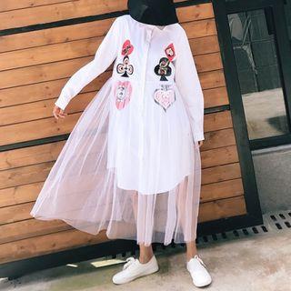 Poker Print Mesh Overlay Shirt Dress