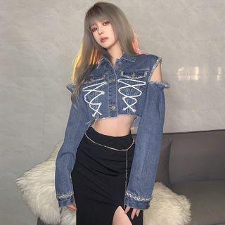 Cold-shoulder Lace Up Cropped Denim Jacket