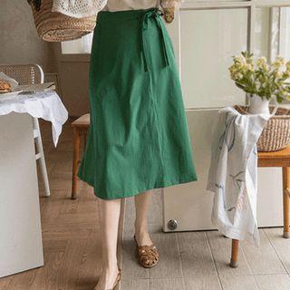 Tie-waist Flared Midi Skirt Green - One Size