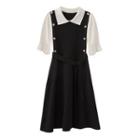 Two-tone Panel Collared Mini A-line Dress Black - One Size